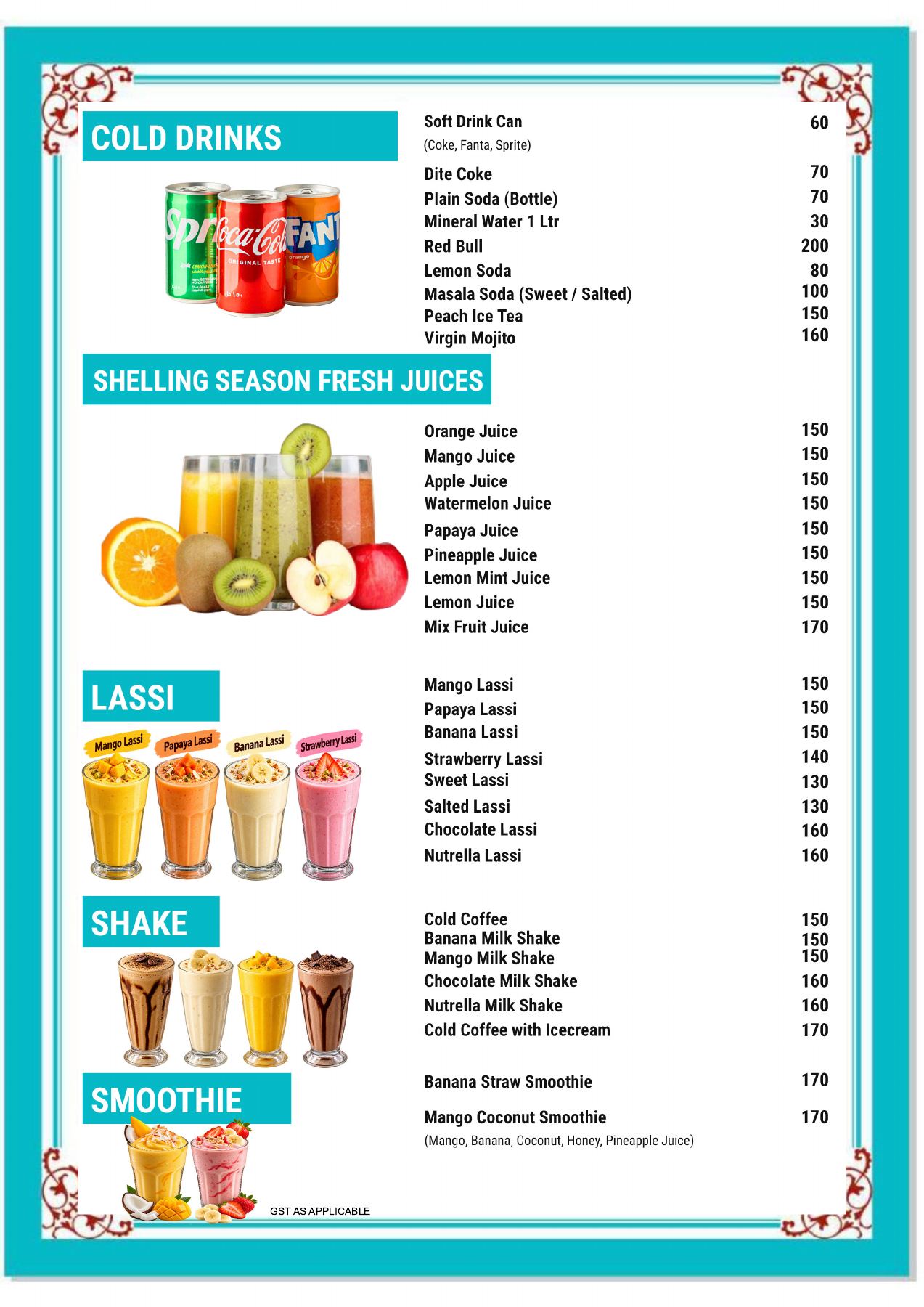 Menu page 1: cold drinks, juices, lassi, shakes and smoothies